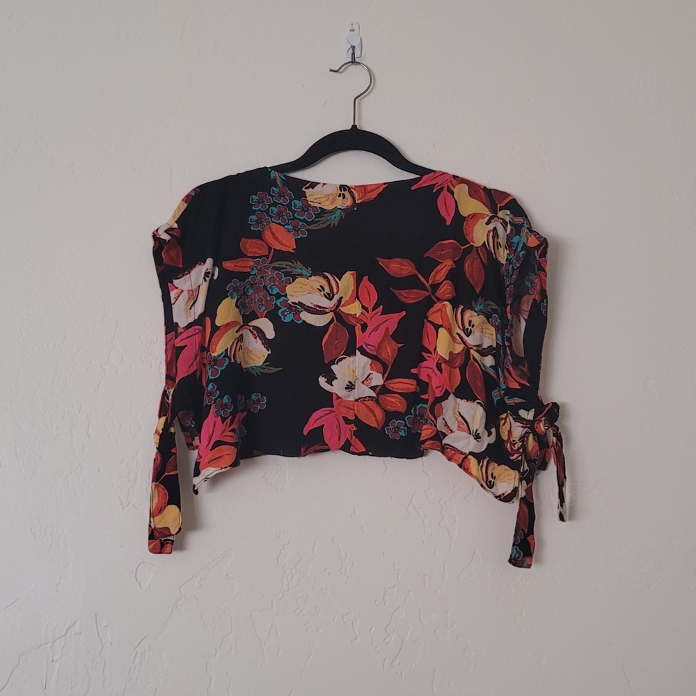 Free People Black Floral Crop Top with Pink, Red, Yellow Accents - Picture 3 of 7